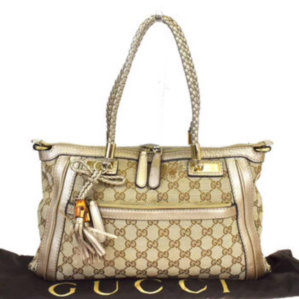 GUCCI GG Pattern Bamboo Shoulder Bag Canvas Leathe